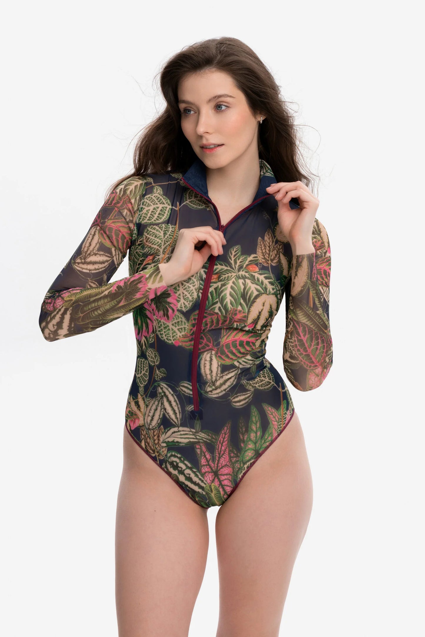 Zipper swimsuit with sleeves "Botanicum"