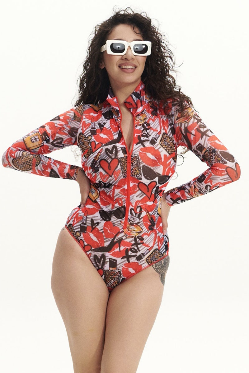 Zipper One-piece Swimsuit with Sleeves "Fashion"