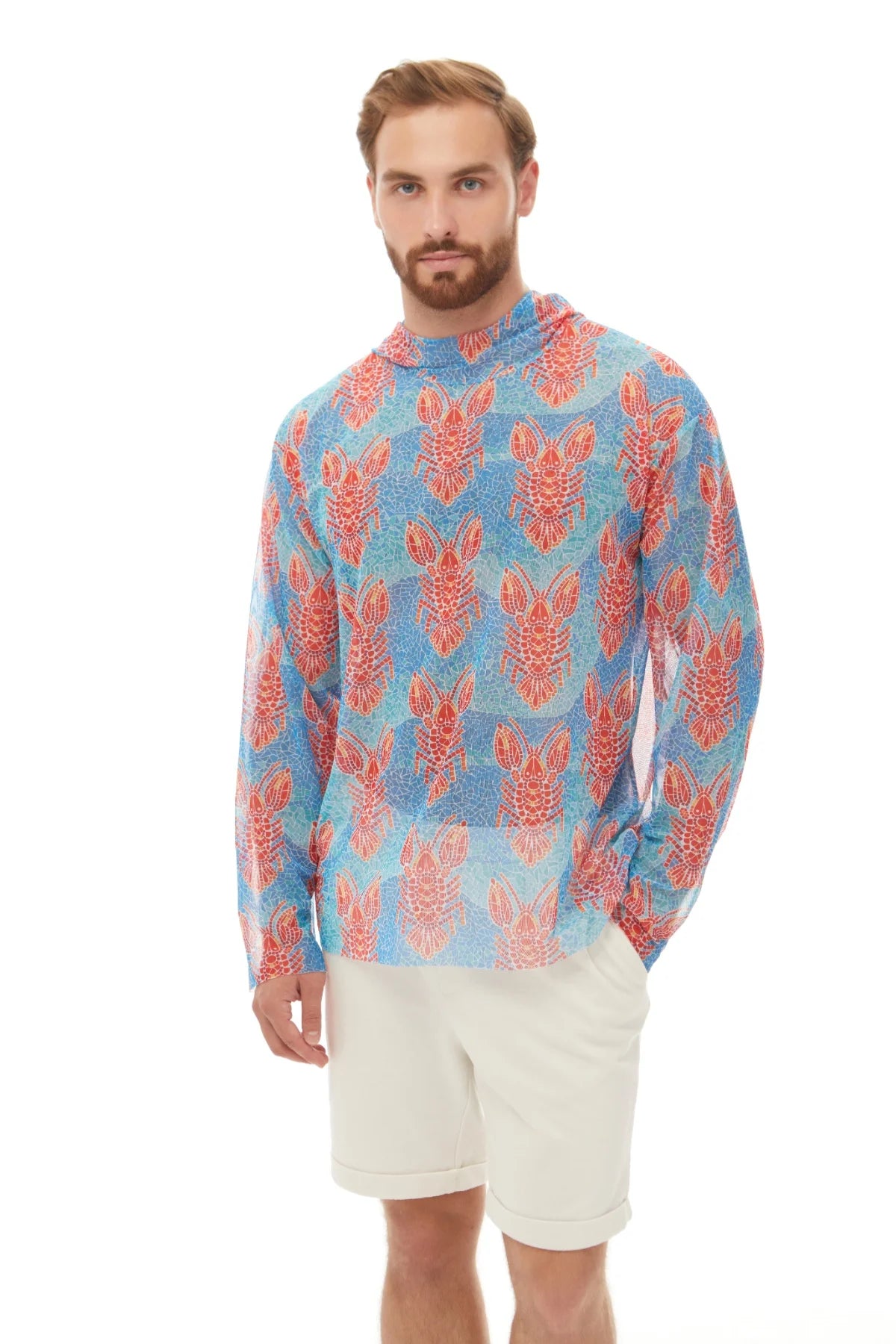 Men's T-shirt with hood "Lobster pattern"