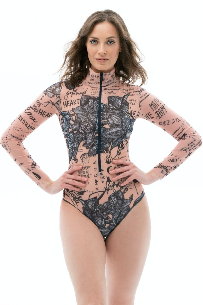 Zipper swimsuit with sleeves "Nude Body-Art"