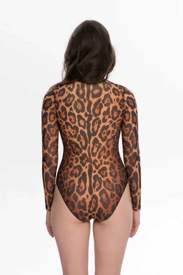 Zipper swimsuit with sleeves "Leopard 25"