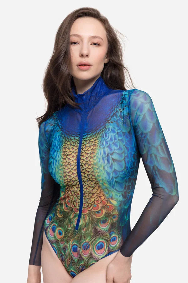 Zipper swimsuit with sleeves "Peacock Mayura"