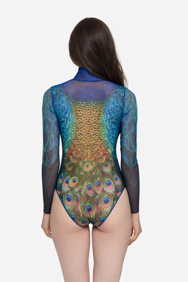 Zipper swimsuit with sleeves "Peacock Mayura"