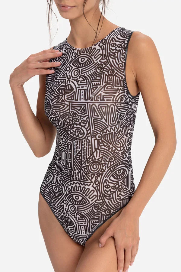 One-piece Sleeveless Swimsuit "Doodling"