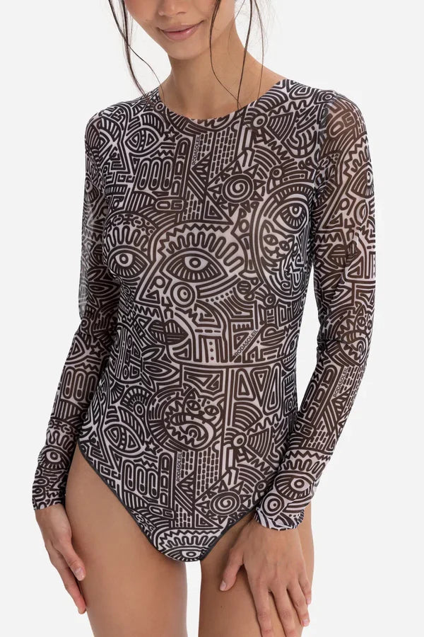 Closed Back One-piece Swimsuit with Sleeves "Doodling"