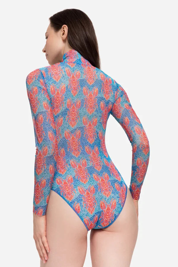 Zipper swimsuit with sleeves "Lobster pattern"