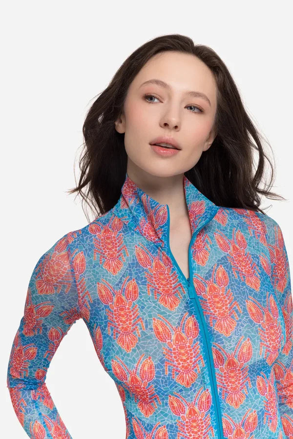 Zipper swimsuit with sleeves "Lobster pattern"
