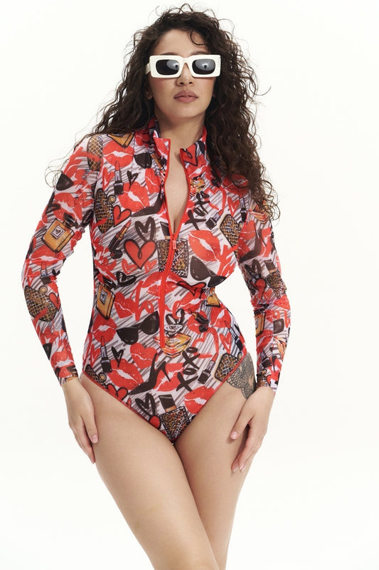 Zipper One-piece Swimsuit with Sleeves "Fashion"