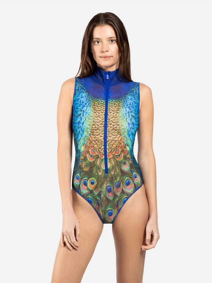 Zipper sleeveless swimsuit "Peacock Mayura"