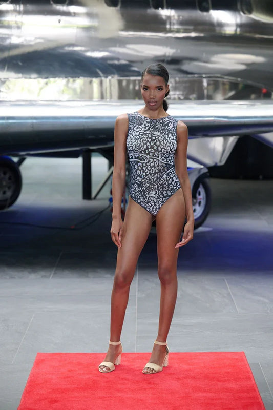 One-piece Sleeveless Swimsuit "Meow" black