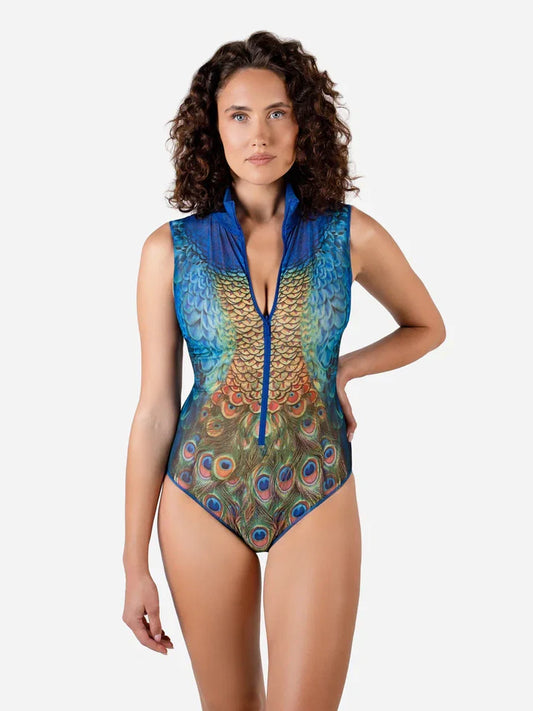 Zipper sleeveless swimsuit "Peacock Mayura"