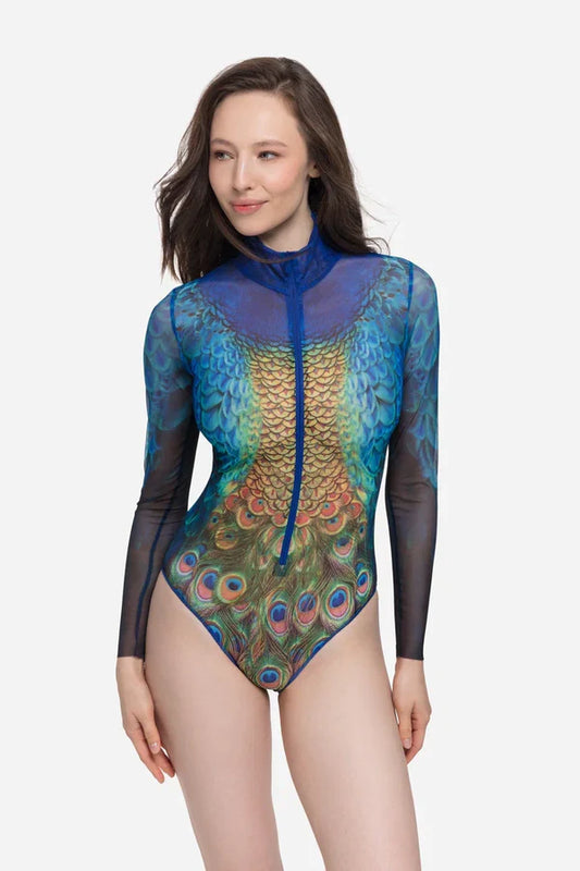 Zipper swimsuit with sleeves "Peacock Mayura"