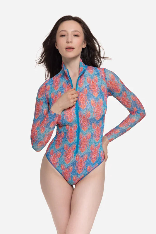 Zipper swimsuit with sleeves "Lobster pattern"